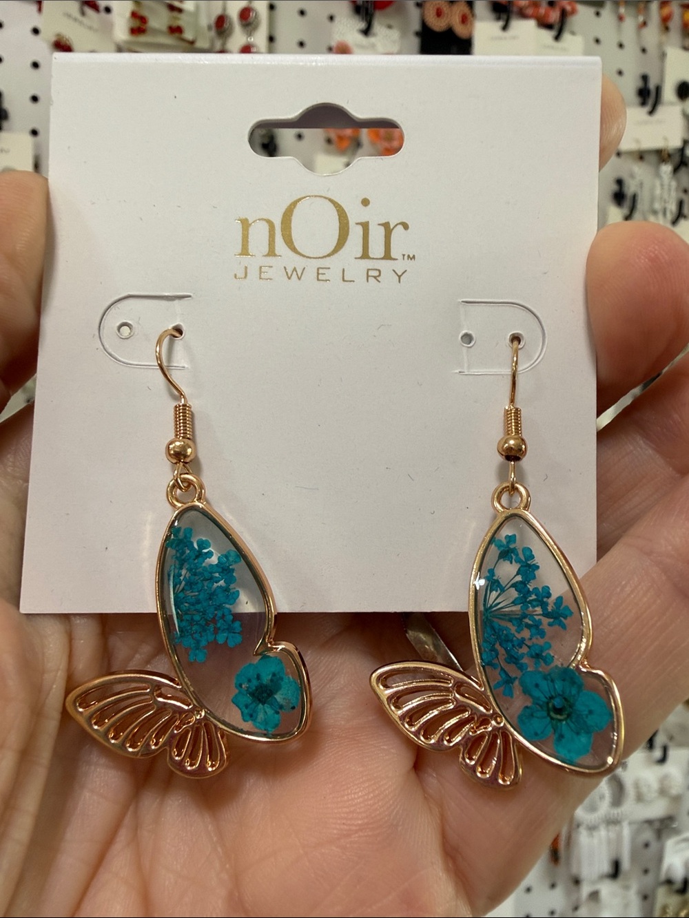 nOir Jewelry Teal Floral Butterfly Drop Earrings with Rose Gold Accents